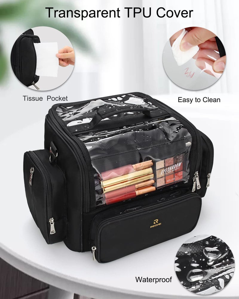 NAONAYA Makeup Brush Bag, Clear Makeup Brush Holder with Lid, Extra Large Capacity Travel Cosmetic Bag Makeup Artist Must Haves, Black Makeup Case, Make Up Organizers and Storage, with Adjustable Dividers  - Image 4