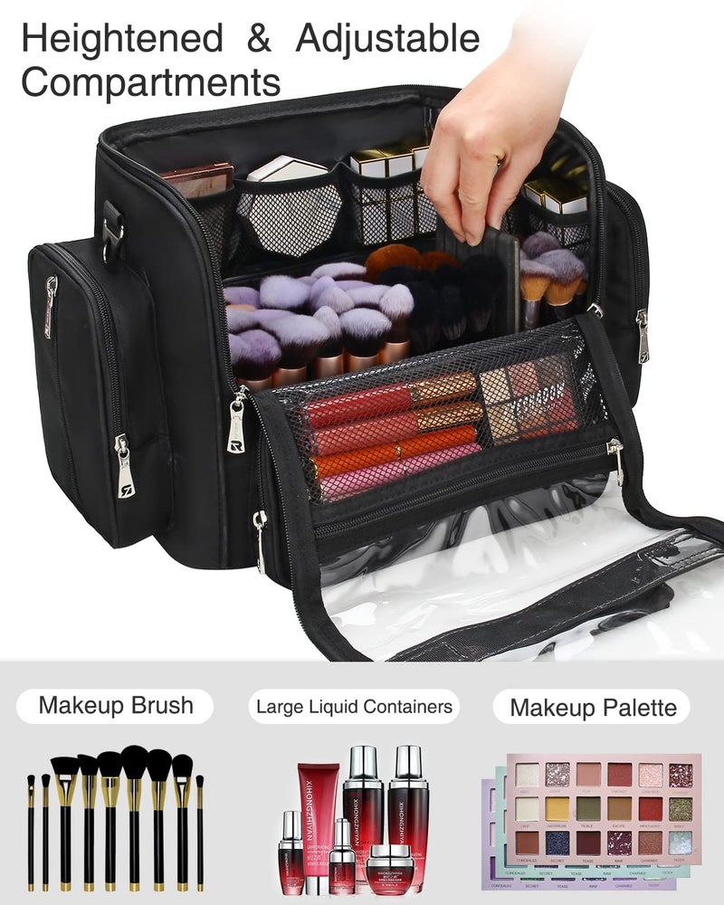 NAONAYA Makeup Brush Bag, Clear Makeup Brush Holder with Lid, Extra Large Capacity Travel Cosmetic Bag Makeup Artist Must Haves, Black Makeup Case, Make Up Organizers and Storage, with Adjustable Dividers  - Image 3