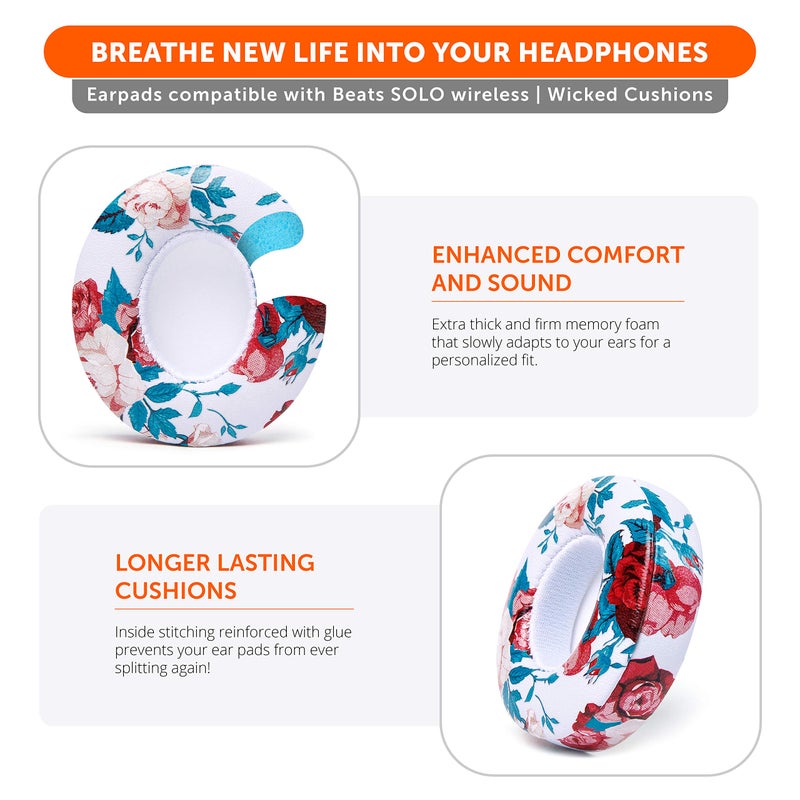 WC Extra Thick Replacement Earpads for Beats Solo 2 & 3 by Wicked Cushions - Ear Pads for Beats Solo 2 & 3 Wireless ON-Ear Headphones - Soft Leather, Luxury Memory Foam, Strong Adhesive | Floral White - Image 4