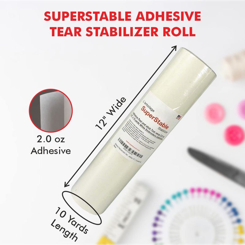 Superpunch White Adhesive Peel & Stick Tear Away Stabilizer for Embroidery - 12-inch x 10-Yard Roll, SuperStable Machine Embroidery Stabilizers Backing 2.0 oz for Hoop Less Embroidery, Made in USA - Image 2
