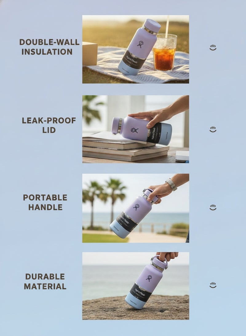 Hydro Flask Wide Mouth Vacuum Insulated Water Bottle 1200ml Double Wall 18/8 Stainless Steel Thermos Flex Cap with Rubber Carry Handle Keeps Cold 24H Hot 12H Leakproof Large Capacity Flask for Hiking Camping Road Trip Gym Yoga Outdoor Travel Matte Multi Pastel Colors - Image 2