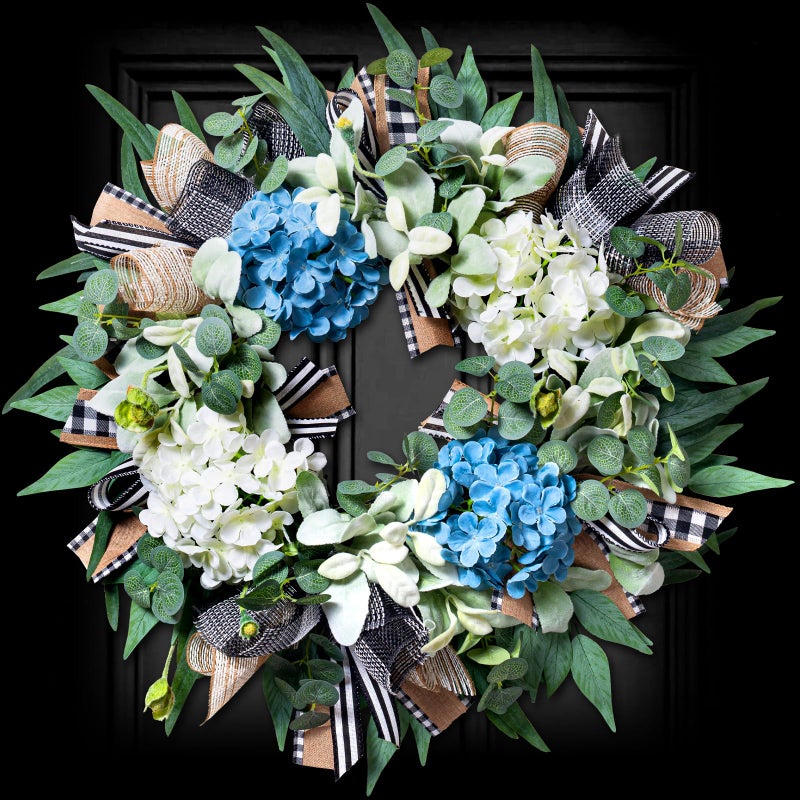 soosubel Hydrangea Wreath for Front Door Year Round, 20-22" Spring Summer Wreath with Buffalo Check Burlap Bow Eucalyptus, Handmade Decor Used for Door Porch Wall Farmhouse Holiday - Image 1