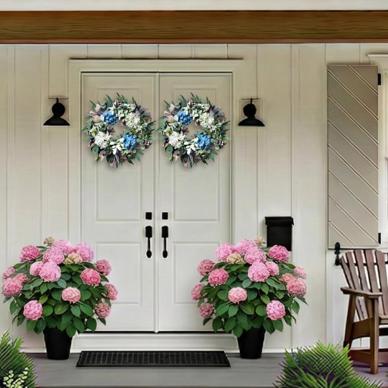 soosubel Hydrangea Wreath for Front Door Year Round, 20-22" Spring Summer Wreath with Buffalo Check Burlap Bow Eucalyptus, Handmade Decor Used for Door Porch Wall Farmhouse Holiday - Image 4