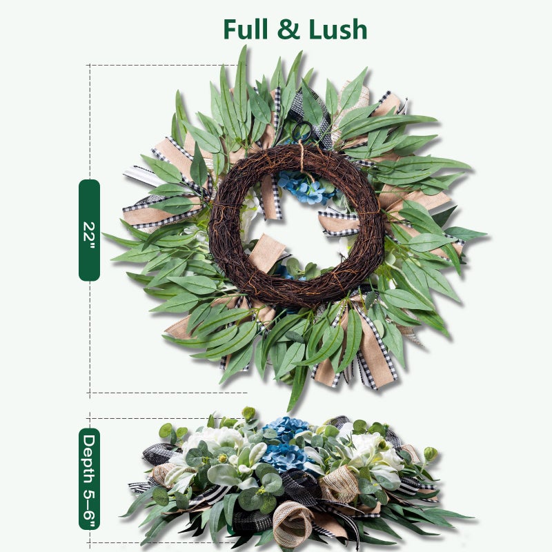 soosubel Hydrangea Wreath for Front Door Year Round, 20-22" Spring Summer Wreath with Buffalo Check Burlap Bow Eucalyptus, Handmade Decor Used for Door Porch Wall Farmhouse Holiday - Image 3
