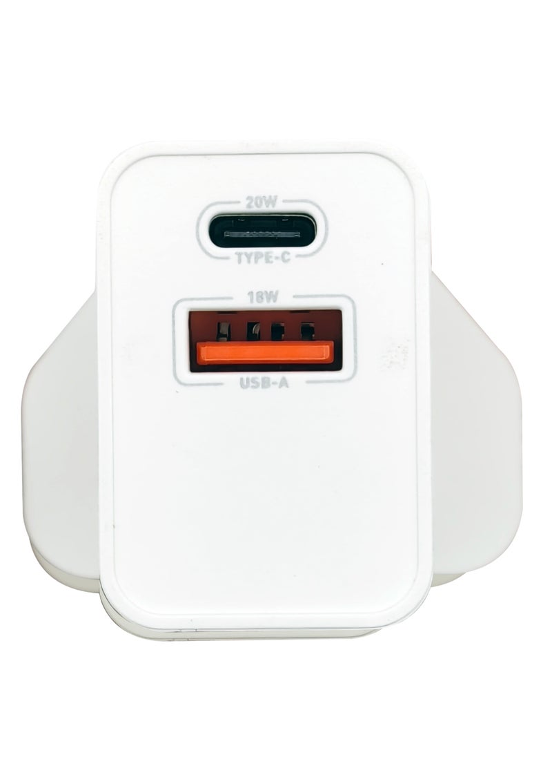 GRABIT - Wall Charger 20W PD Fast 20W USB-C PD & 18W USB-A QC charging with 5V/3A output. Compact, travel-friendly design. Includes 1m Type-C to Type-C cable. Compatible with iPhone (via adapter), Samsung, OnePlus, Xiaomi, Huawei, Google Pixel, iPads, MacBooks, and more. - Image 1