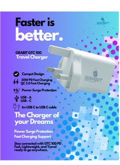 GRABIT Wall Charger 20W PD Fast 20W USB-C PD & 18W USB-A QC charging with 5V/3A output. Compact, travel-friendly design. Includes 1m Type-C to Type-C cable. Compatible with iPhone (via adapter), Samsung, OnePlus, Xiaomi, Huawei, Google Pixel, iPads, MacBooks, and more.  - Image 3