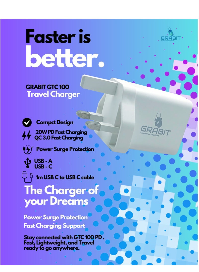 GRABIT - Wall Charger 20W PD Fast 20W USB-C PD & 18W USB-A QC charging with 5V/3A output. Compact, travel-friendly design. Includes 1m Type-C to Type-C cable. Compatible with iPhone (via adapter), Samsung, OnePlus, Xiaomi, Huawei, Google Pixel, iPads, MacBooks, and more. - Image 1