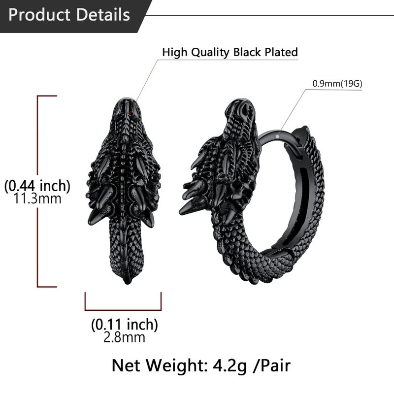 U7 Dragon Earrings Black Metal Plated Huggie Hoops Punk Rock Animal Earrings for Men Women - Image 5