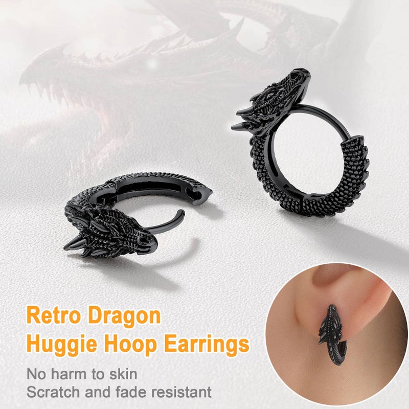 U7 Dragon Earrings Black Metal Plated Huggie Hoops Punk Rock Animal Earrings for Men Women - Image 3