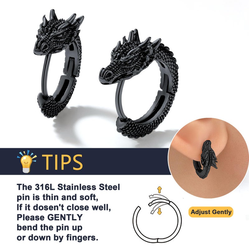 U7 Dragon Earrings Black Metal Plated Huggie Hoops Punk Rock Animal Earrings for Men Women - Image 4