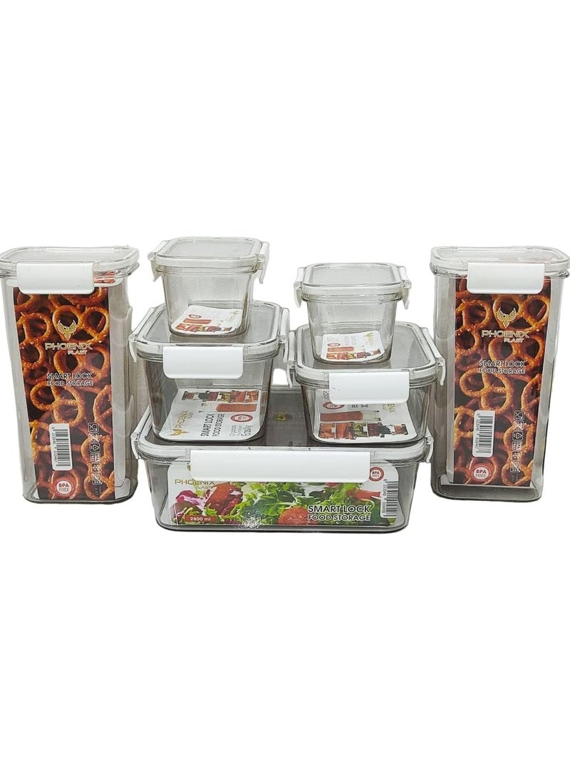 Phoenix - Acrylic Refrigerator Food Container,Food box Set of 7 Pieces with Airtight Lock - Clear Silicone Sides - Different Capacities (2 - 400ml Jar - 1000ml Jar - 1300ml Can - 2 1700ml Jar - 2800ml Jar) - Image 1