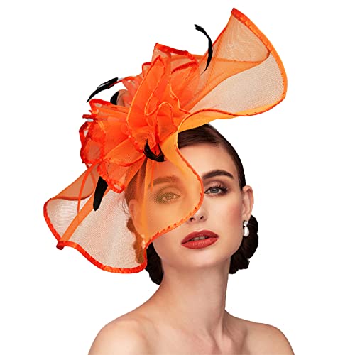 TS Fascinators Hat with Mesh Feather Hair Clip Tea Party for Wedding Cocktail Party or Special Occasion(Orange) - Image 1