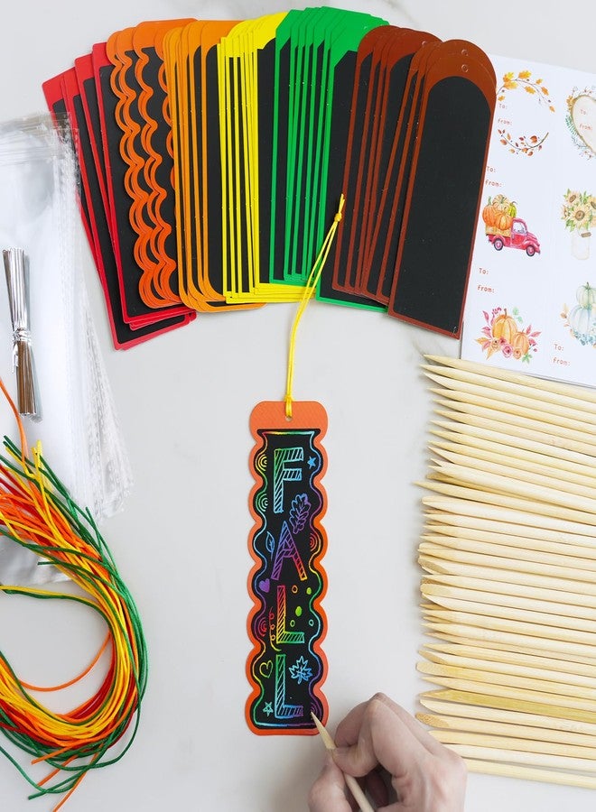 وينلين مجموعة من 48 قطعة من Winlyn، 6 أنماط من علامات مرجعية ملونة للخدش في الخريف، أدوات حرفية، ورق خدش بألوان قوس قزح مع أدوات خدش، شرائط، مجموعات فنية للأطفال والطلاب، هدايا حفلات، أنشطة صفية - Image 4