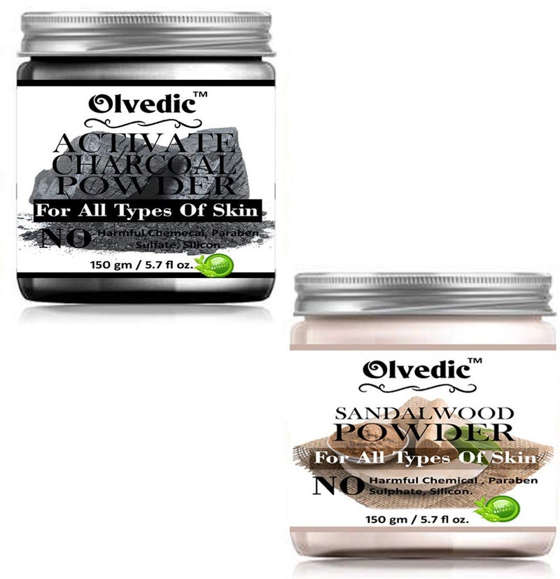 OLVEDIC Olvedic 100 Pure Organic White Sandalwood Powder  Activate Charcoal Powder For Skin Care Pack of 2 150 gm Each  - Image 1