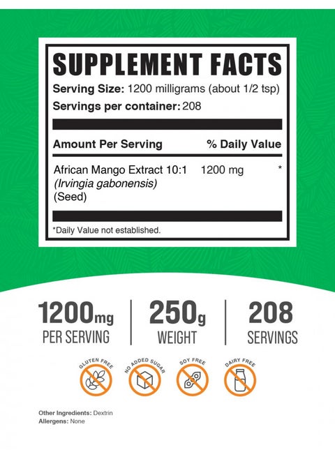 BulkSupplements.com African Mango Extract Powder - Irvingia Gabonensis, African Mango Supplements, African Mango Powder - Gluten Free, 1200mg per Serving, 250g (8.8 oz) (Pack of 1)