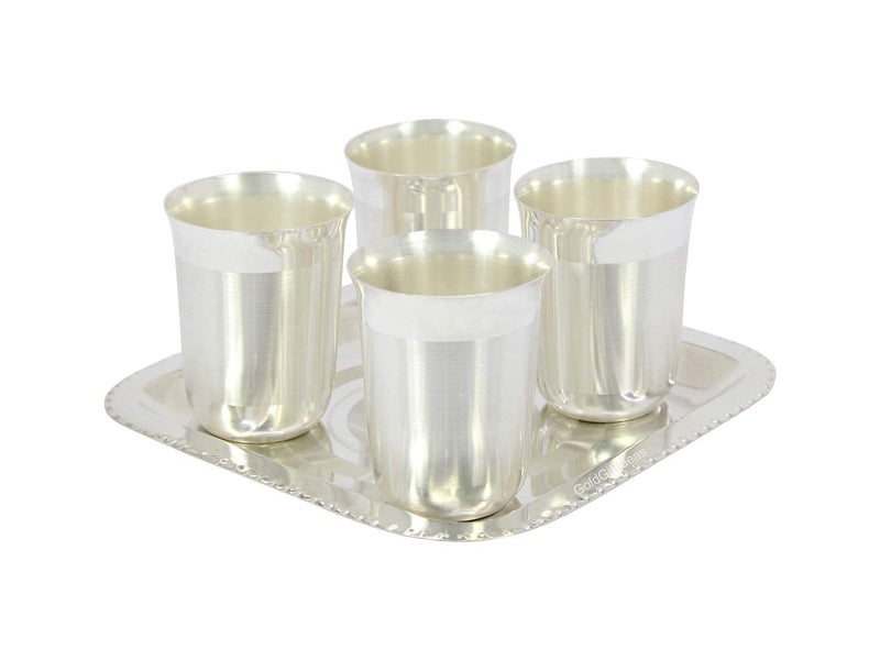 GoldGiftIdeas Four Silver Plated Juli Mat Glass Set with Tray Silver Plated Glass Gift Items Return Gift Glass Tray Serving Set Glass Set for Water Set of 4 - Image 1