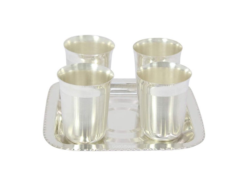 GoldGiftIdeas Four Silver Plated Juli Mat Glass Set with Tray Silver Plated Glass Gift Items Return Gift Glass Tray Serving Set Glass Set for Water Set of 4 - Image 3