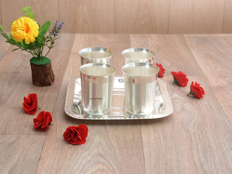 GoldGiftIdeas Four Silver Plated Juli Mat Glass Set with Tray Silver Plated Glass Gift Items Return Gift Glass Tray Serving Set Glass Set for Water Set of 4 - Image 2