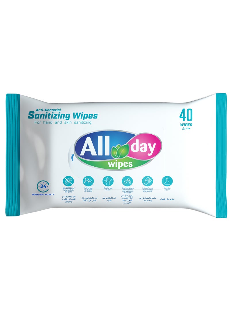 All day wipes All Day Anti-Bacterial Sanitizing Wet Wipes – 40 Count: Kills 99.999% of fungi, bacteria, and germ Stay Protected and Hygienic. - Image 1
