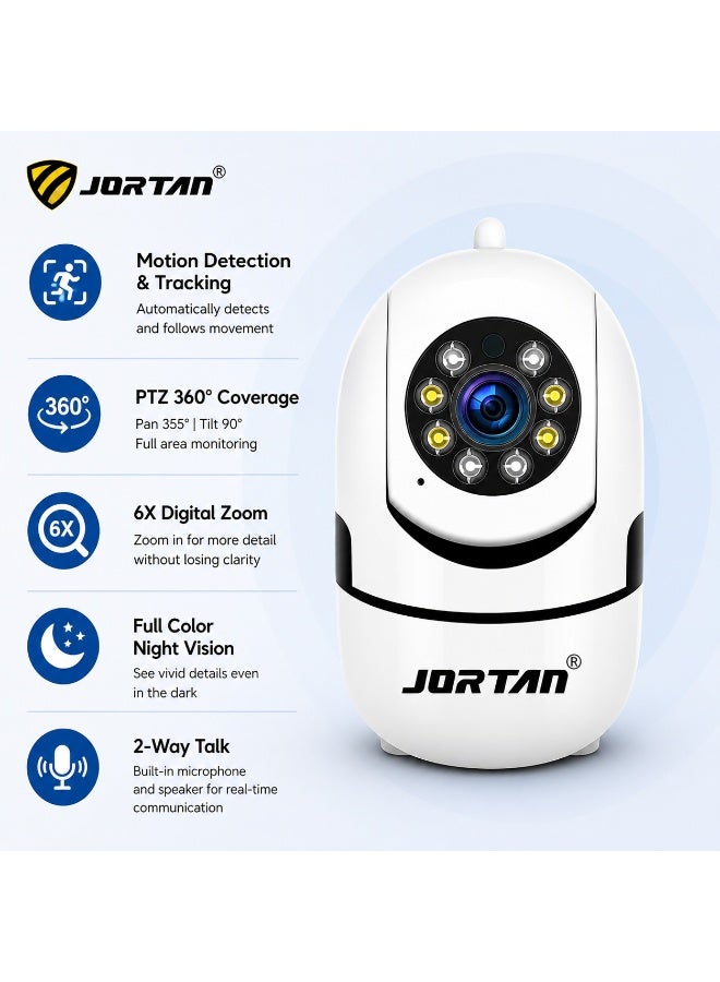 Jortan 1080p Camera for Kids, Kids Monitoring, IP44, Two-Way Talk, Motion Detection, Motion Tracking, Color Night Vision, 360°/90° PTZ Control, Indoor Security Camera., Kids Camera - Image 1