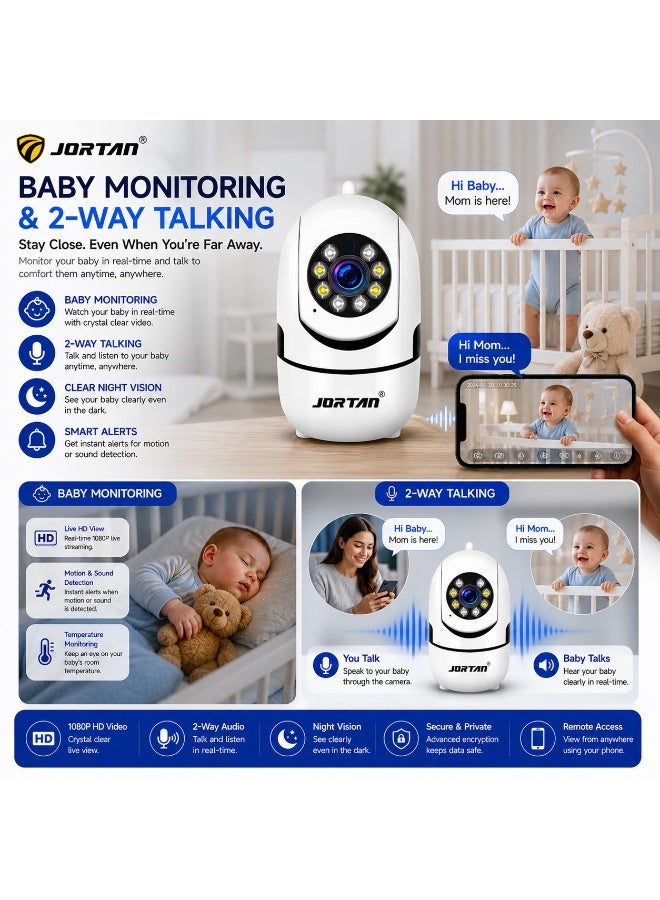 Jortan 1080p Camera for Kids, Kids Monitoring, IP44, Two-Way Talk, Motion Detection, Motion Tracking, Color Night Vision, 360°/90° PTZ Control, Indoor Security Camera., Kids Camera - Image 5