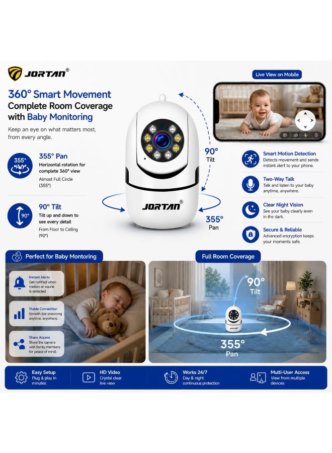 Jortan 1080p Camera for Kids, Kids Monitoring, IP44, Two-Way Talk, Motion Detection, Motion Tracking, Color Night Vision, 360°/90° PTZ Control, Indoor Security Camera., Kids Camera - Image 2