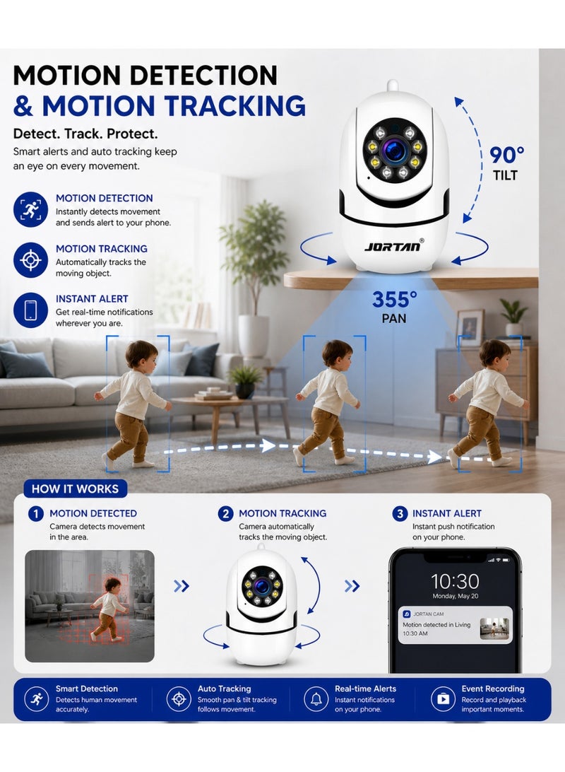 Jortan 1080p Camera for Kids, Kids Monitoring, IP44, Two-Way Talk, Motion Detection, Motion Tracking, Color Night Vision, 360°/90° PTZ Control, Indoor Security Camera., Kids Camera - Image 3