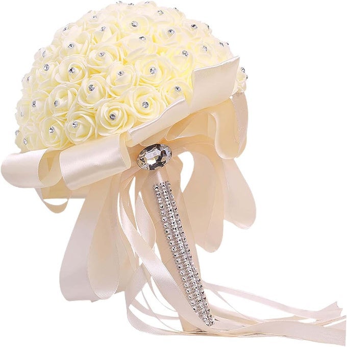WEDDING BRIDE BOUQUET WEDDING THROW BOUQUET ARTIFICIAL FLOWERS BOUQUETS BRIDESMAID FAKE FLOWERS FOR WEDDING HOME GARDEN PARTY DECORATION BEIGE