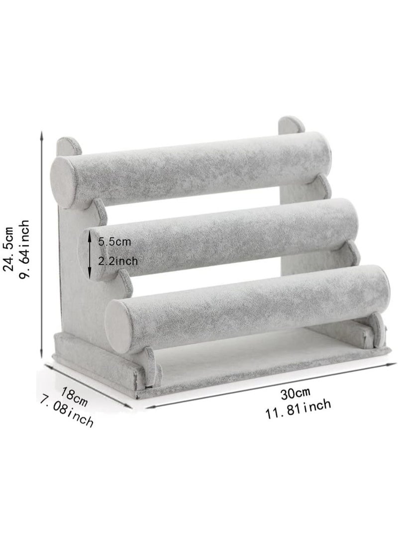Triple Bracelet Holder Velvet Jewelry Display Stand Watch Bangle Bar Necklace Storage Organizer Gray - Image 1