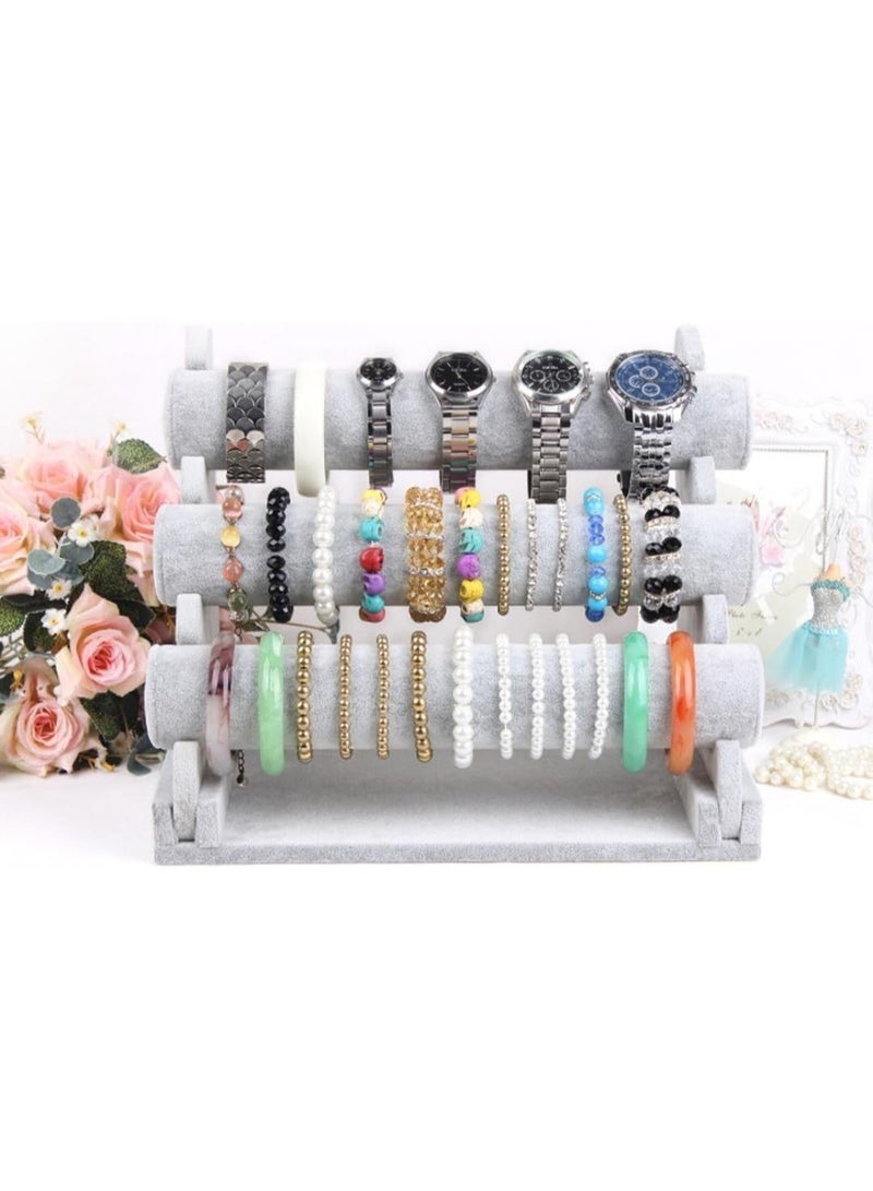 Triple Bracelet Holder Velvet Jewelry Display Stand Watch Bangle Bar Necklace Storage Organizer Gray - Image 3