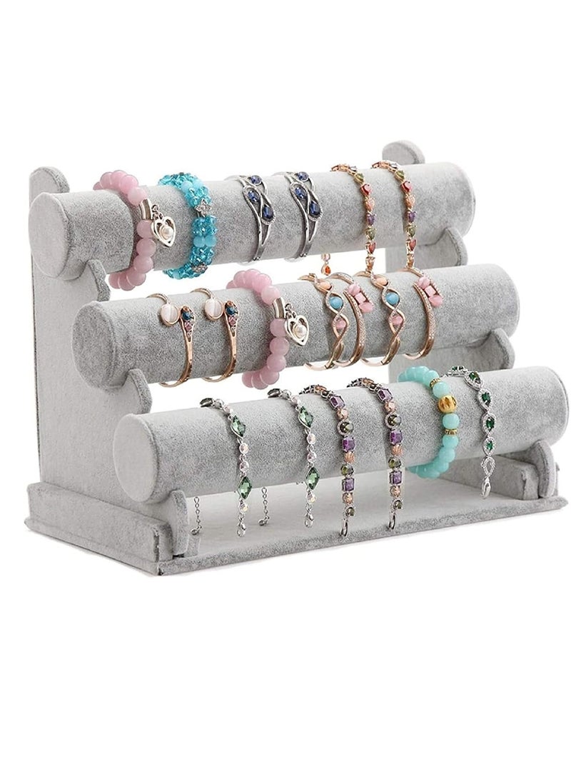 Triple Bracelet Holder Velvet Jewelry Display Stand Watch Bangle Bar Necklace Storage Organizer Gray - Image 2