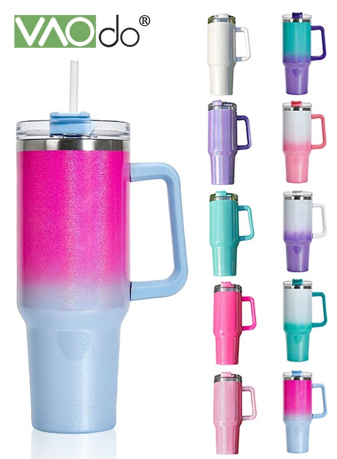 VAOdo 40 oz Tumbler with Handle and Straw Lid Reusable Stainless Steel Water Bottle Travel Mug Cupholder Friendly Insulated Cup Holiday Gifts for Women Men Him Her Pink Blue 1100ML  - Image 1