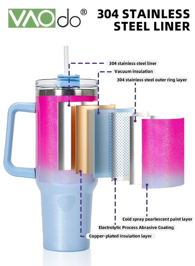 VAOdo 40 oz Tumbler with Handle and Straw Lid Reusable Stainless Steel Water Bottle Travel Mug Cupholder Friendly Insulated Cup Holiday Gifts for Women Men Him Her Pink Blue 1100ML  - Image 3