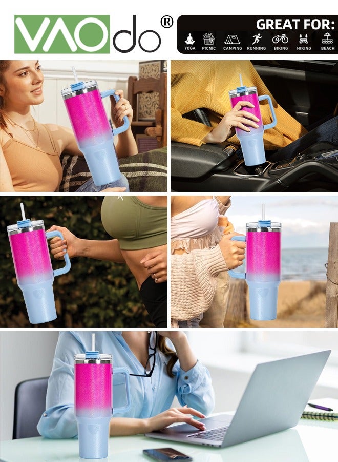 VAOdo 40 oz Tumbler with Handle and Straw Lid Reusable Stainless Steel Water Bottle Travel Mug Cupholder Friendly Insulated Cup Holiday Gifts for Women Men Him Her Pink Blue 1100ML  - Image 5