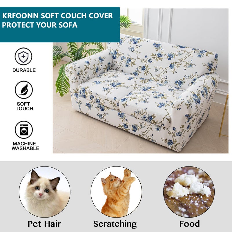 Krfoonn 3 Piece Printed Couch Cover For 2 Cushion Couch Stretch Sofa Loveseat Slipcover With 2 Separate Seat Cushion Covers Furniture Protector With Elastic Bottom For Living Room (Loveseat  51) - Image 5