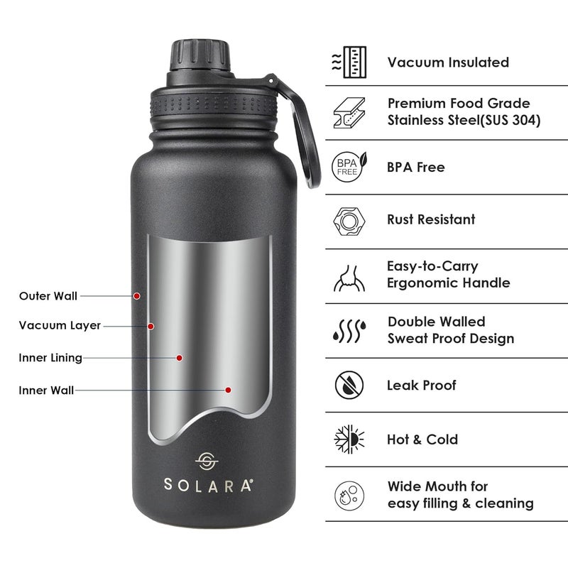 SOLARA Insulated Water Bottle 1 Litre, Hot Water Bottle, 1000ml Thermosteel Water Bottles for Travel, Home, Office, School, Gym, Adults, Water Bottle Hot and Cold, Sipper Bottle, Black Knight - Image 2