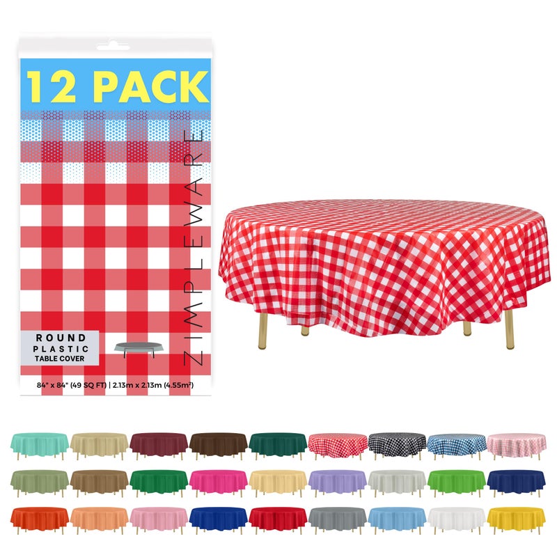 ZIMPLEWARE Premium Red Gingham Checkered Plastic Table Cloth Disposable 12 Pack Round Tablecloth 84in Party Table Cloths Disposable Perfect Table Cloth Round Cover for Any Table Up to 6 Feet