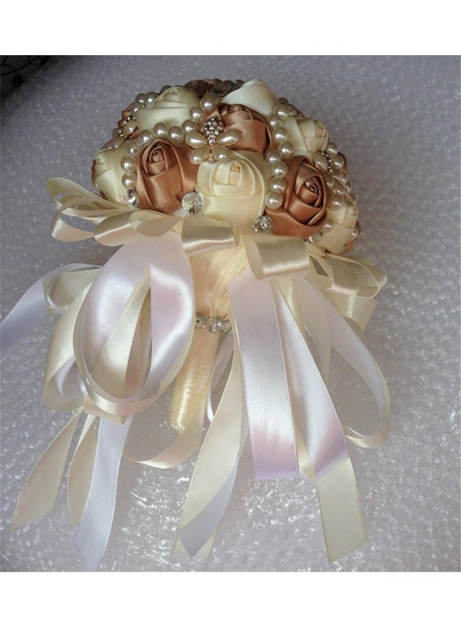 USIX Handcraft Popular Satin Rose Rhinestone Brooch Flower Pearl Bridal Holding Wedding Bouquet Wedding Flower Arrangements Bridesmaid BouquetChampagneIvory - Image 3