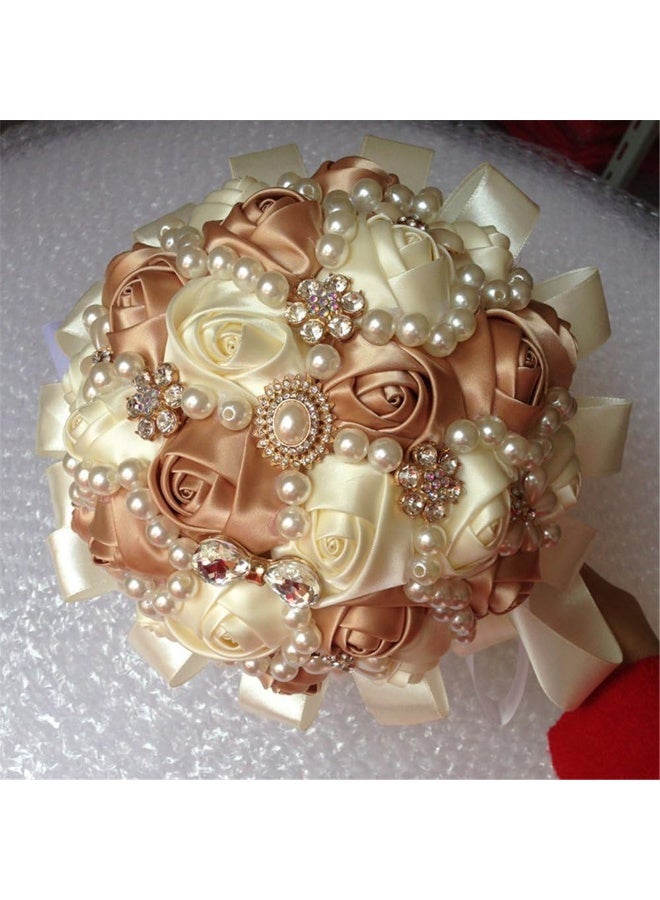 USIX Handcraft Popular Satin Rose Rhinestone Brooch Flower Pearl Bridal Holding Wedding Bouquet Wedding Flower Arrangements Bridesmaid BouquetChampagneIvory - Image 2