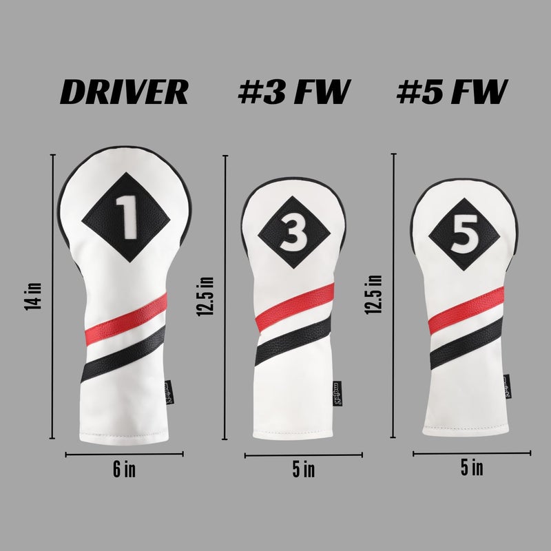 Majek Retro Golf Headcovers White Red And Black Vintage Leather Style 1 3 5 Driver And Fairway Head Covers Fits 460Cc Drivers Classic Look - Image 3