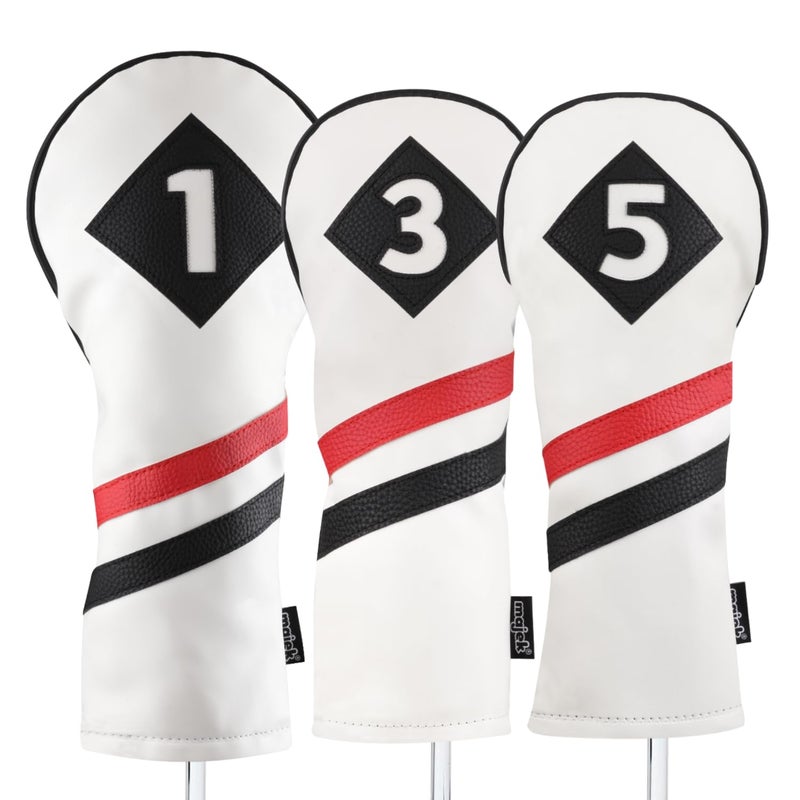 Majek Retro Golf Headcovers White Red And Black Vintage Leather Style 1 3 5 Driver And Fairway Head Covers Fits 460Cc Drivers Classic Look - Image 1