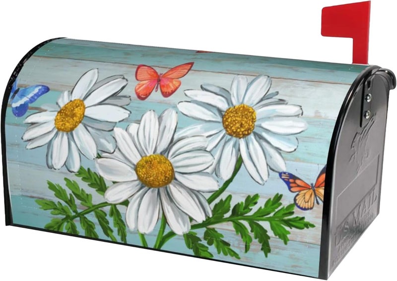 Identiy Daisy Flowers Butterfly on Rustic Wooden Board Mailbox Covers Magnetic Standard Size, Spring Summer Floral Magnetic Mailbox Covers for Holiday Outside Yard Decor 18"x21" - Image 1
