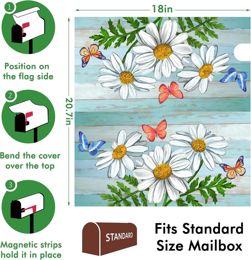 Identiy Daisy Flowers Butterfly on Rustic Wooden Board Mailbox Covers Magnetic Standard Size, Spring Summer Floral Magnetic Mailbox Covers for Holiday Outside Yard Decor 18"x21" - Image 2