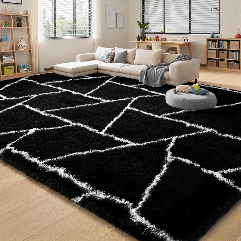 FALARK Fluffy Area Rugs for Living Room Bedroom, Modern Geometric 4x6 Feet Black Rug, Soft Plush Shaggy Fuzzy Floor Bedside Carpet for Nursery Kids Girls Boys Teen Dorm Home Office Decor - Image 1