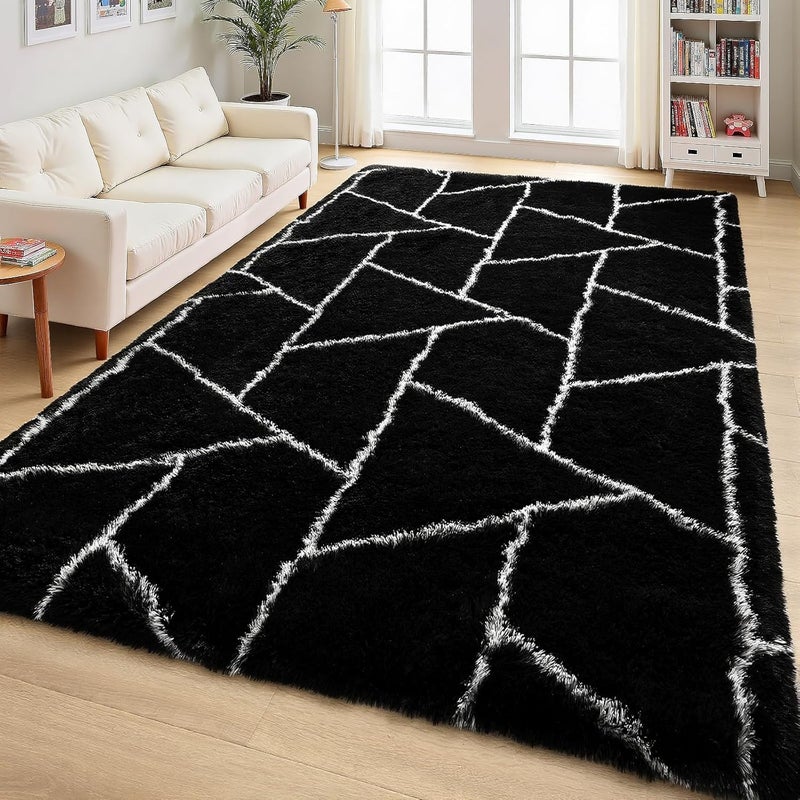 FALARK Fluffy Area Rugs for Living Room Bedroom, Modern Geometric 4x6 Feet Black Rug, Soft Plush Shaggy Fuzzy Floor Bedside Carpet for Nursery Kids Girls Boys Teen Dorm Home Office Decor - Image 3
