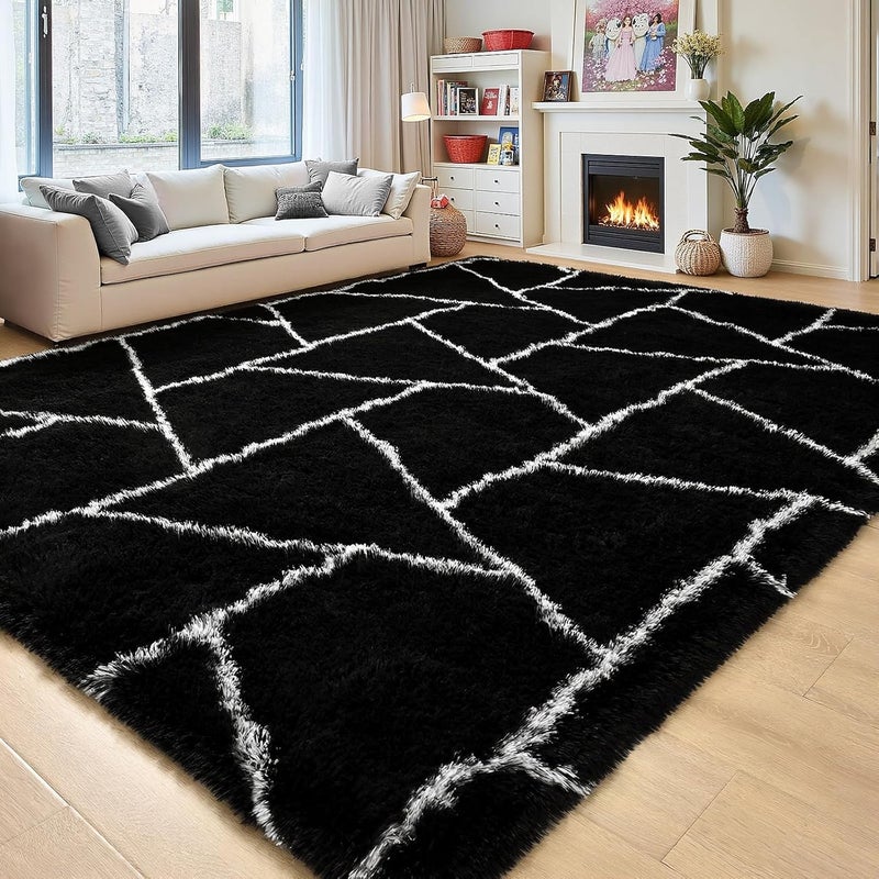 FALARK Fluffy Area Rugs for Living Room Bedroom, Modern Geometric 4x6 Feet Black Rug, Soft Plush Shaggy Fuzzy Floor Bedside Carpet for Nursery Kids Girls Boys Teen Dorm Home Office Decor - Image 2