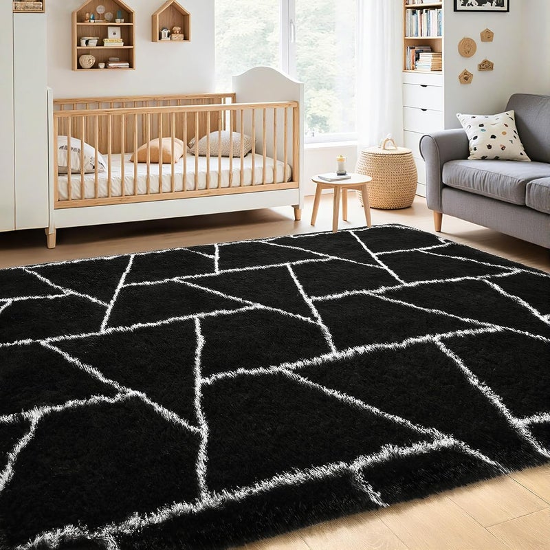 FALARK Fluffy Area Rugs for Living Room Bedroom, Modern Geometric 4x6 Feet Black Rug, Soft Plush Shaggy Fuzzy Floor Bedside Carpet for Nursery Kids Girls Boys Teen Dorm Home Office Decor - Image 5