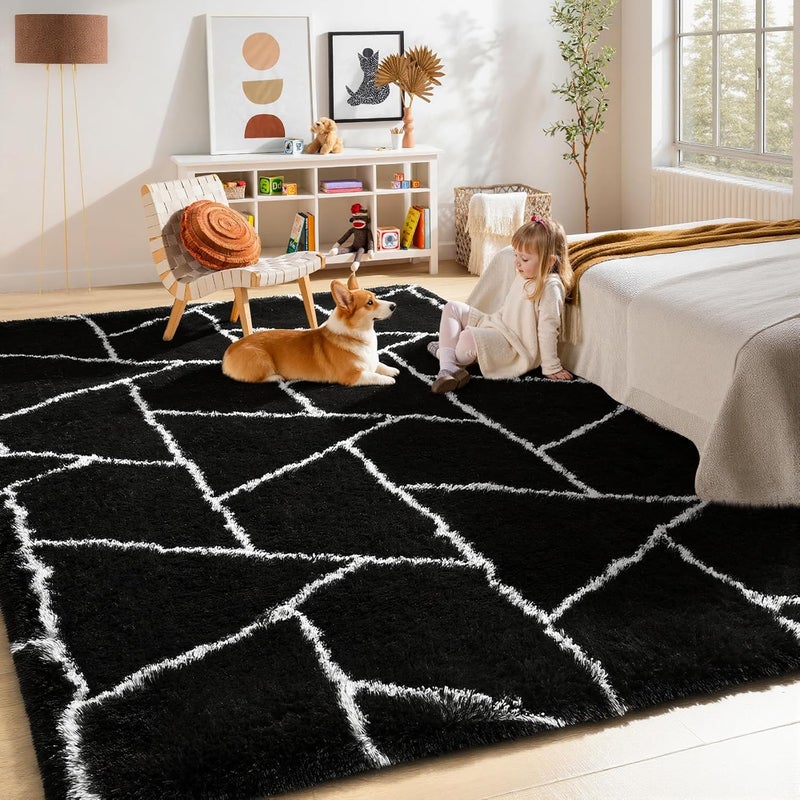 FALARK Fluffy Area Rugs for Living Room Bedroom, Modern Geometric 4x6 Feet Black Rug, Soft Plush Shaggy Fuzzy Floor Bedside Carpet for Nursery Kids Girls Boys Teen Dorm Home Office Decor - Image 4