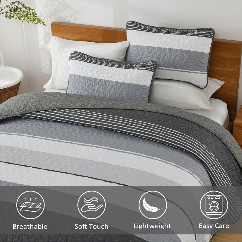 Dinjoy Black and White Striped King Size Quilt Set Boho King Quilt Bedding Set Lightweight Dark Grey Bedspreads Summer Micofiber 3 Pieces Farmhouse Quilts Patchwork Coverlet Bed Sets for Men - Image 3
