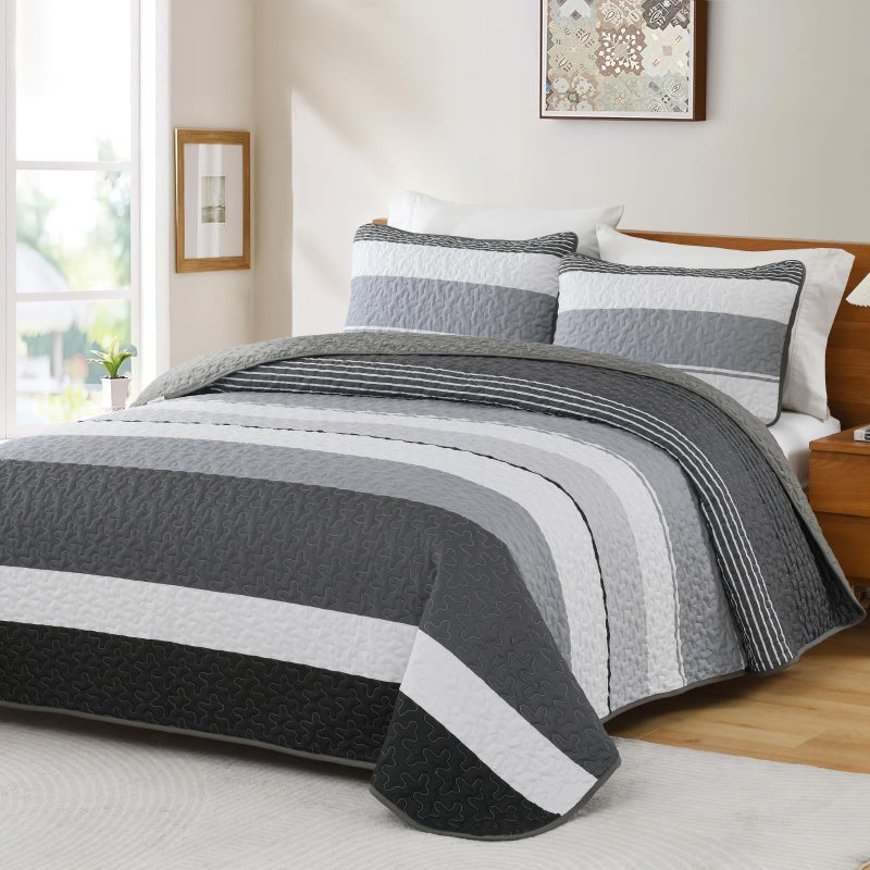 Dinjoy Black and White Striped King Size Quilt Set Boho King Quilt Bedding Set Lightweight Dark Grey Bedspreads Summer Micofiber 3 Pieces Farmhouse Quilts Patchwork Coverlet Bed Sets for Men - Image 2